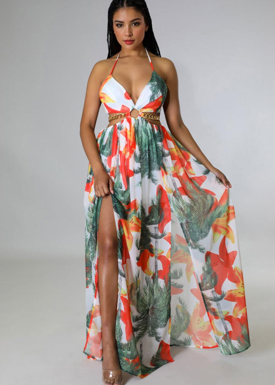 Vibrant Deep V Adjustable Halter Floral Print High Split Maxi Dress