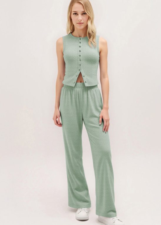 Leisure Round Neck Button Tank Top & Stretchy Trousers Co-ord