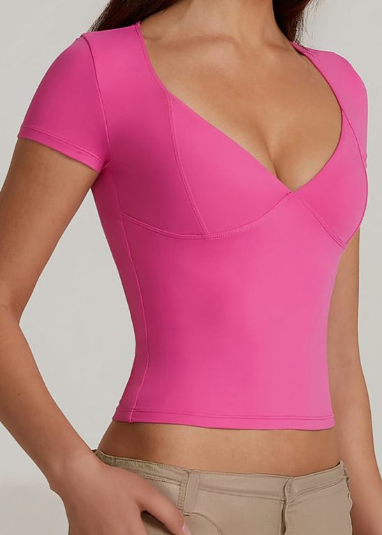 Classy Solid Color V Neck Short Sleeve Slim-Fitting Top