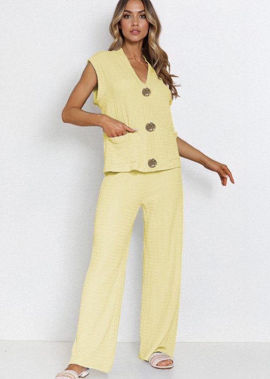 Versatile V Neck Gold-Toned Button Decor Loose Tank Top & Wide Leg Trousers Co-ord