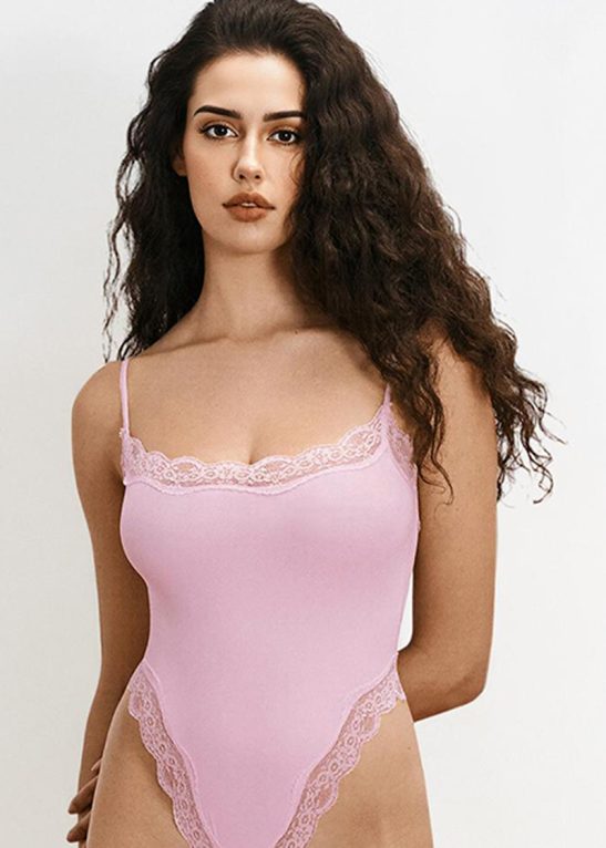 Sexy Solid Color Spaghetti Strap Lace Trim Stretch Bodysuit