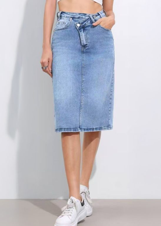 Versatile High Waist Multi-Pocket Asymmetric Button Denim Skirt
