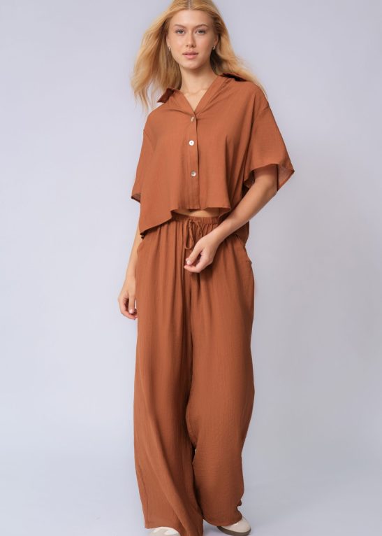 Classy Solid Color Collared Shell Button Loose Top & Drawstring Wide Leg Trousers Co-ord