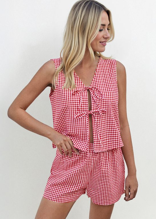 Minimalist Plaid Front Tie Loose Tank Top & Wide Leg Shorts Co-ord
