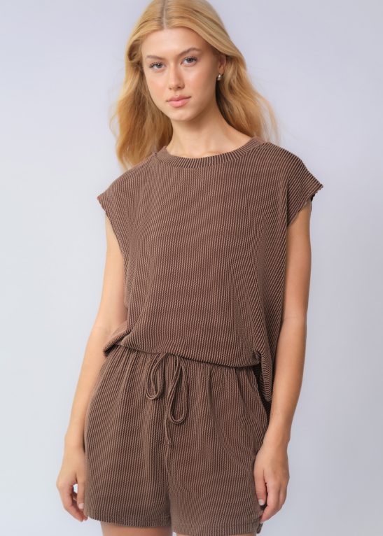 Pinstripe Cap Sleeve Loose Top  & Drawstring Decor Shorts Co-ord