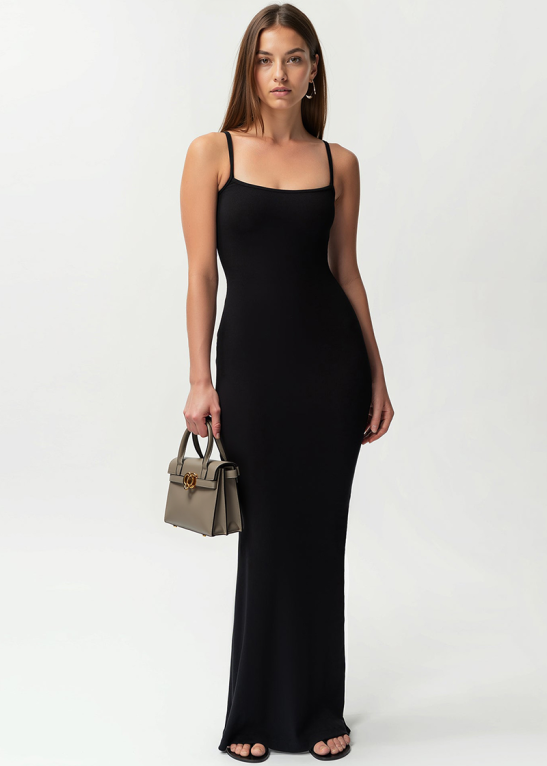 Elegant Solid Color Adjustable Strap Thin Waist Stretch Maxi Dress