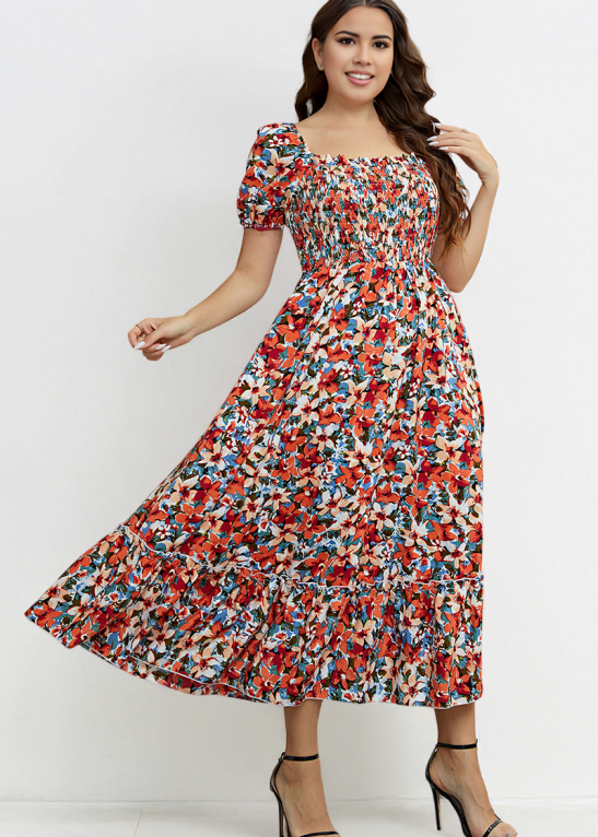 Airy Allover Floral Print Scoop Neck Short Sleeve Pleated Maxi Dress