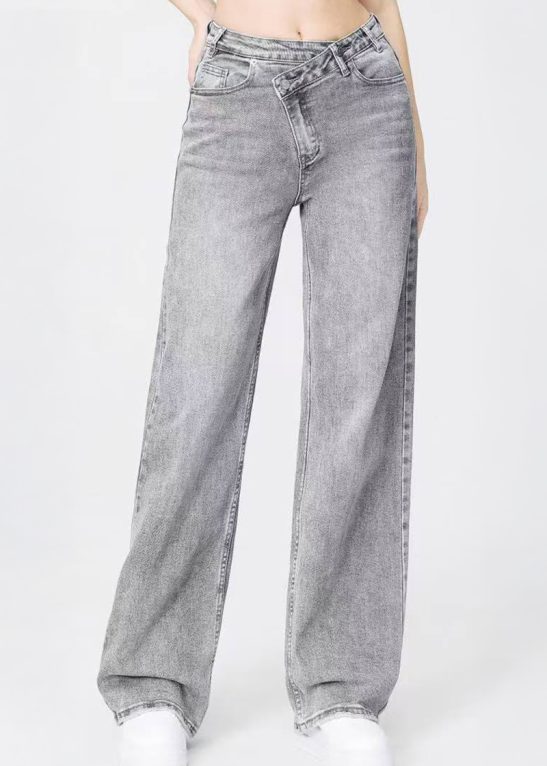 Asymmetrical High-Waist Multi-Pocket Wide-Leg Jeans, Street Style