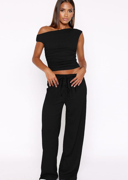 Solid Sloping-Shoulder Shirred Slim Top & Wide-Leg Trousers 2-Piece Co-ord Set
