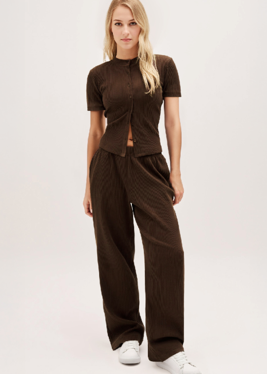 Casual Short Sleeve Button Slim Top & Wide Leg Trousers Co-ord