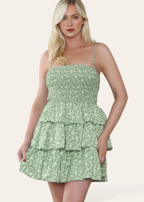 Boho Lovely Spaghetti Strap Floral Print Thin Waist Layered Mini Dress