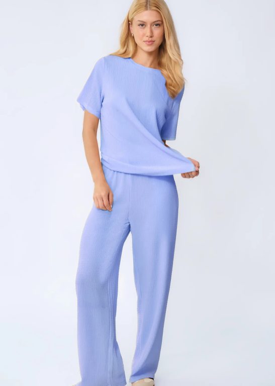 Cozy Solid Round Neck Short Sleeve Top & Wide Leg Trousers Co-ord