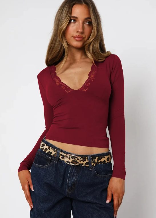 Elegant Solid Lace Trim V-Neck Long Sleeve Slim Top