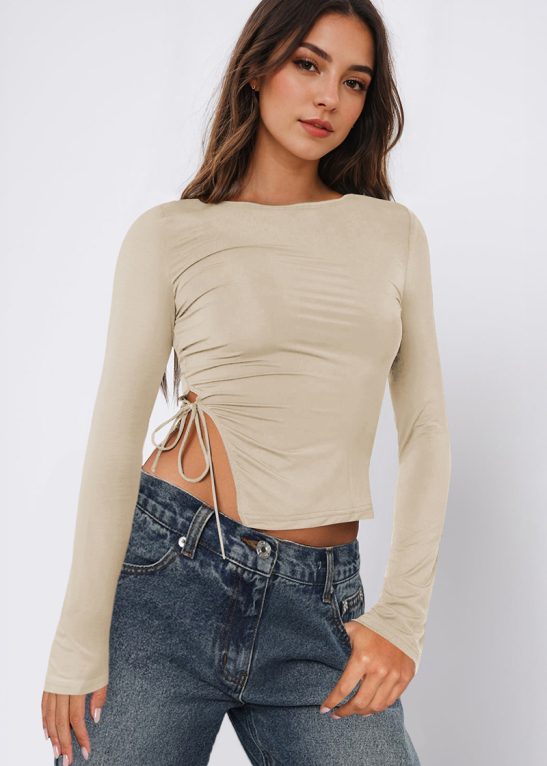 Trendy Solid Color Long Sleeve Drawstring Slit Slim Top