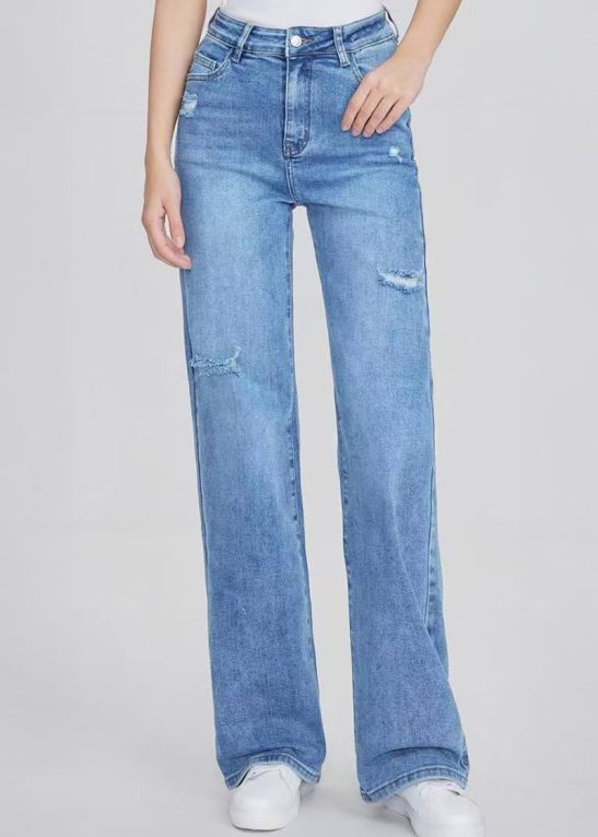 Street High Waist Multi-Pocket Ripped Wide Leg Jeans