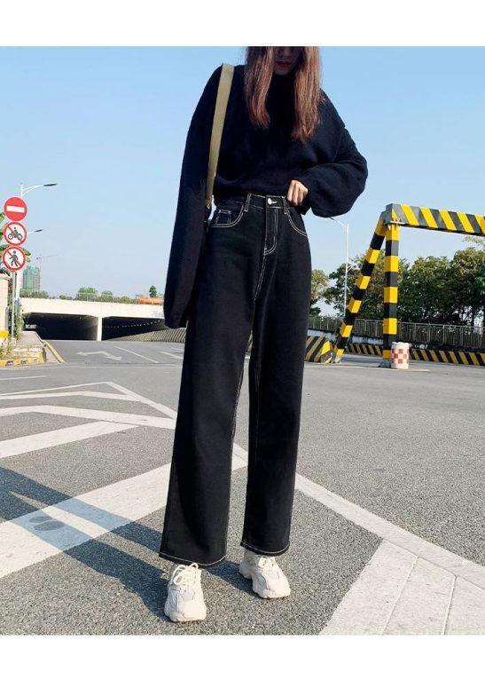 High-Waist Straight-Leg Jeans – Classic Black Wide-Leg Denim Pants