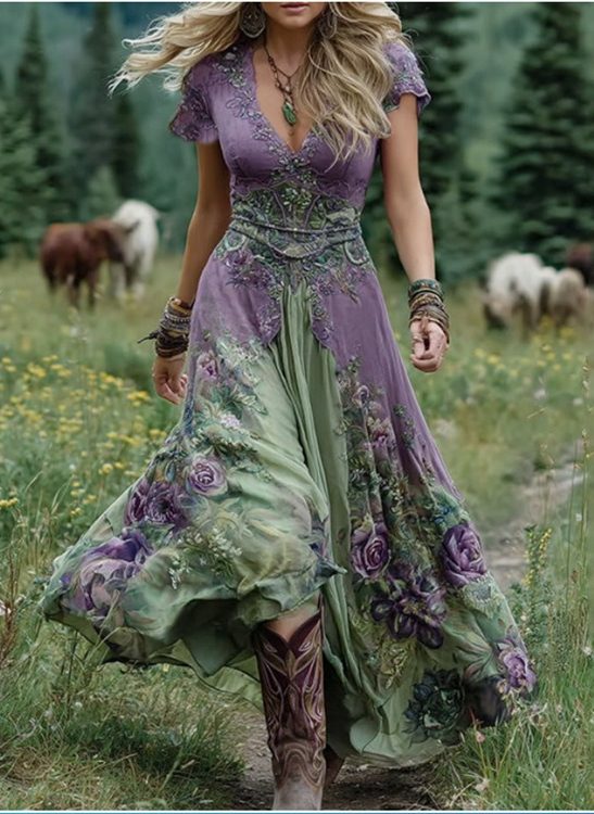 Boho Vintage Floral Maxi Dress – Elegant V-Neck Flowing Gown