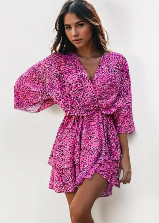 Lovely Allover Print V-Neck Twist Front Batwing Sleeve Tiered Mini Dress