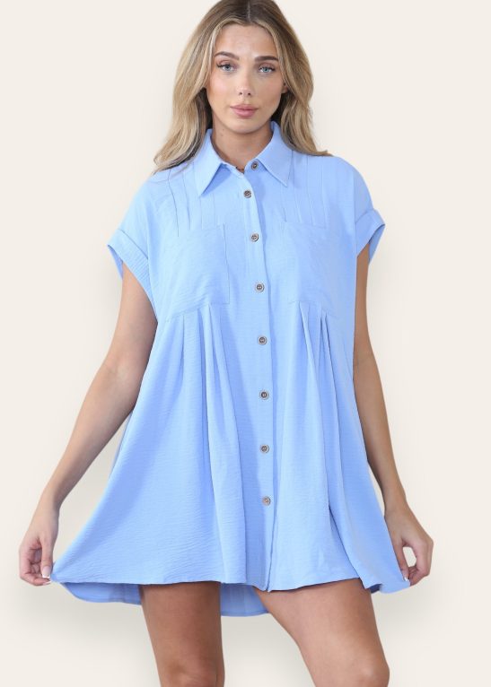 Leisure Collared Short Sleeve Button-Up Ruched Shirtdress